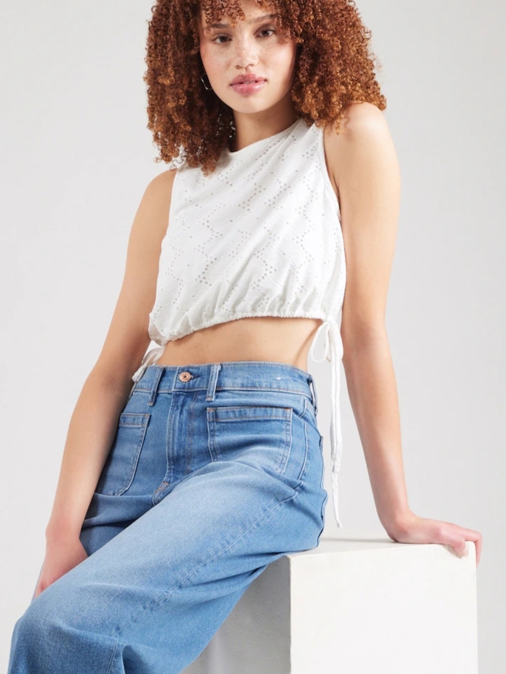 Vero Moda White Eyelet Drawstring Crop Top